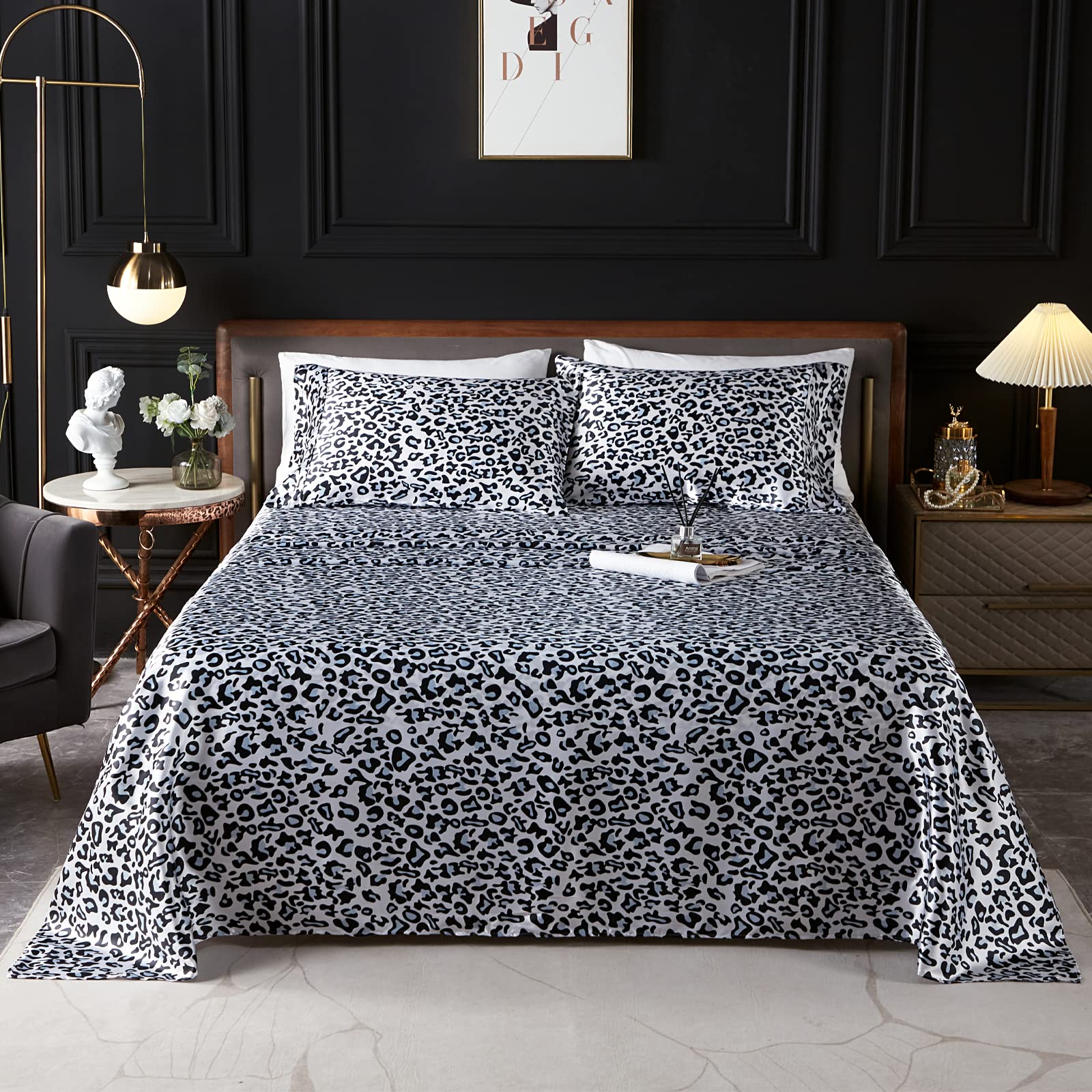 UDEAL King Sheet Set Satin Sheets and Pillowcase Sets Silky Soft Cooling Bed Sheets Set Deep Pocket Luxury Cheetah Print Breathable Sheet 90 GSM (4 Piece, Grey Leopard)