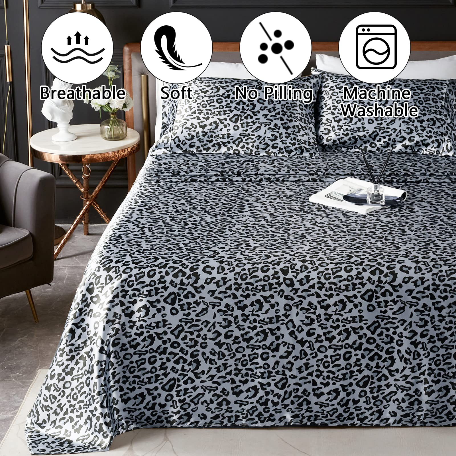 UDEAL King Sheet Set Satin Sheets and Pillowcase Sets Silky Soft Cooling Bed Sheets Set Deep Pocket Luxury Cheetah Print Breathable Sheet 90 GSM (4 Piece, Grey Leopard)