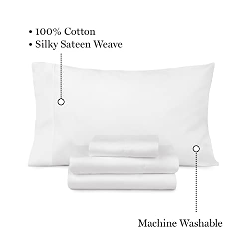 MARTHA STEWART 100% Cotton King Sheet Set - 4 Piece, Soft, Smooth, Durable, Easy Care, 16" Deep Pocket Sheets, Bedding Sheets, Sateen Sheet, 1 Flat, 1 Fitted, 2 Pillowcases, White