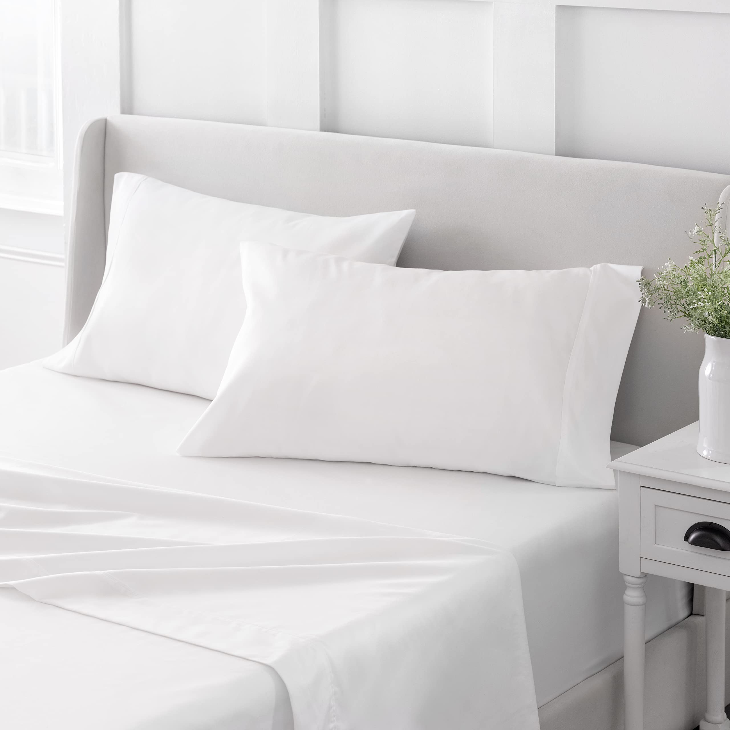 MARTHA STEWART 100% Cotton King Sheet Set - 4 Piece, Soft, Smooth, Durable, Easy Care, 16" Deep Pocket Sheets, Bedding Sheets, Sateen Sheet, 1 Flat, 1 Fitted, 2 Pillowcases, White