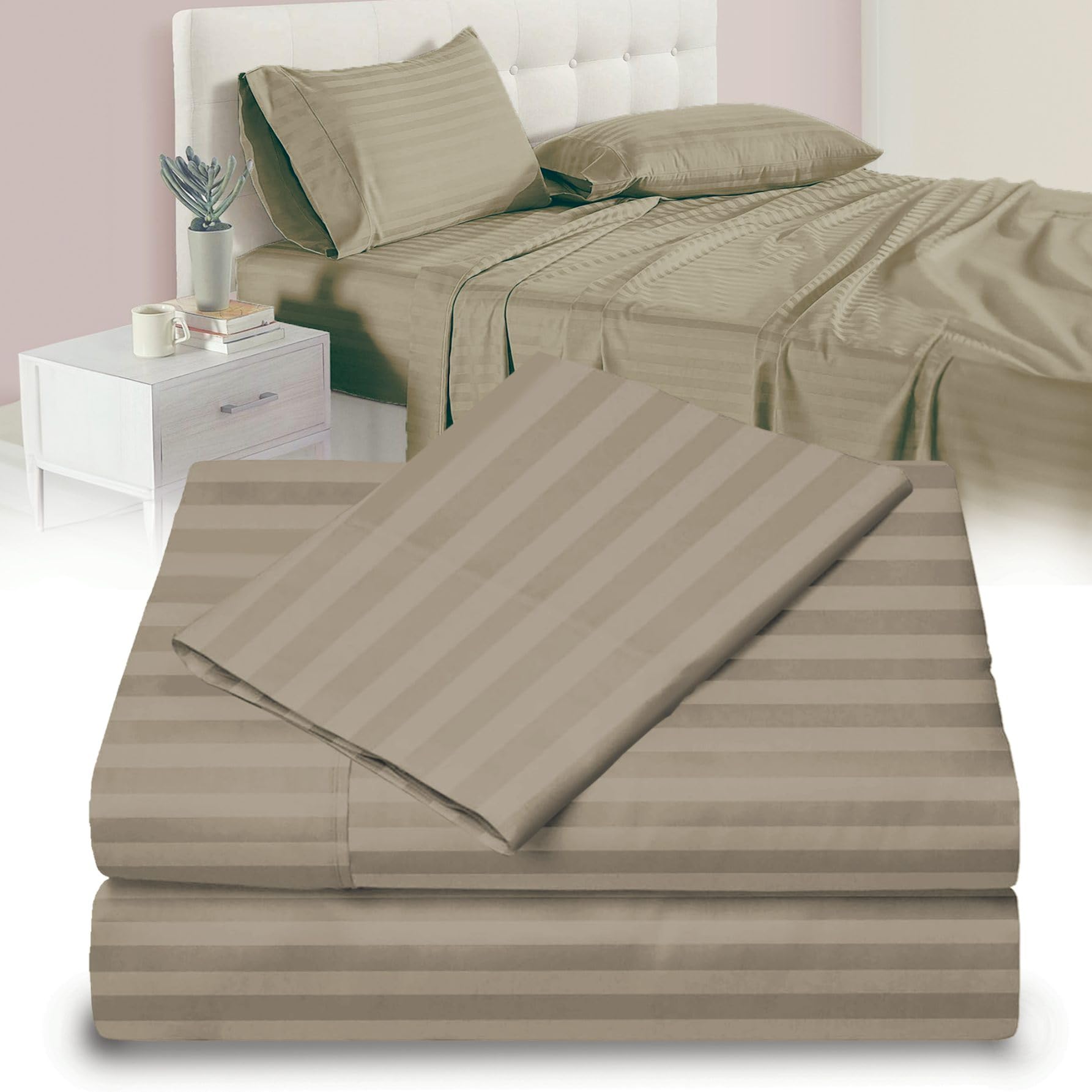 Twin XL 100% Microfiber Double Brushed Sheet Set - Extra-Soft & Wrinkle-Free - 15" Deep Pockets, 39" x 80" - Ideal for Dorms, Hospitals & Split King Beds - 3 PC Set (Twin XL, Khaki Stripe)