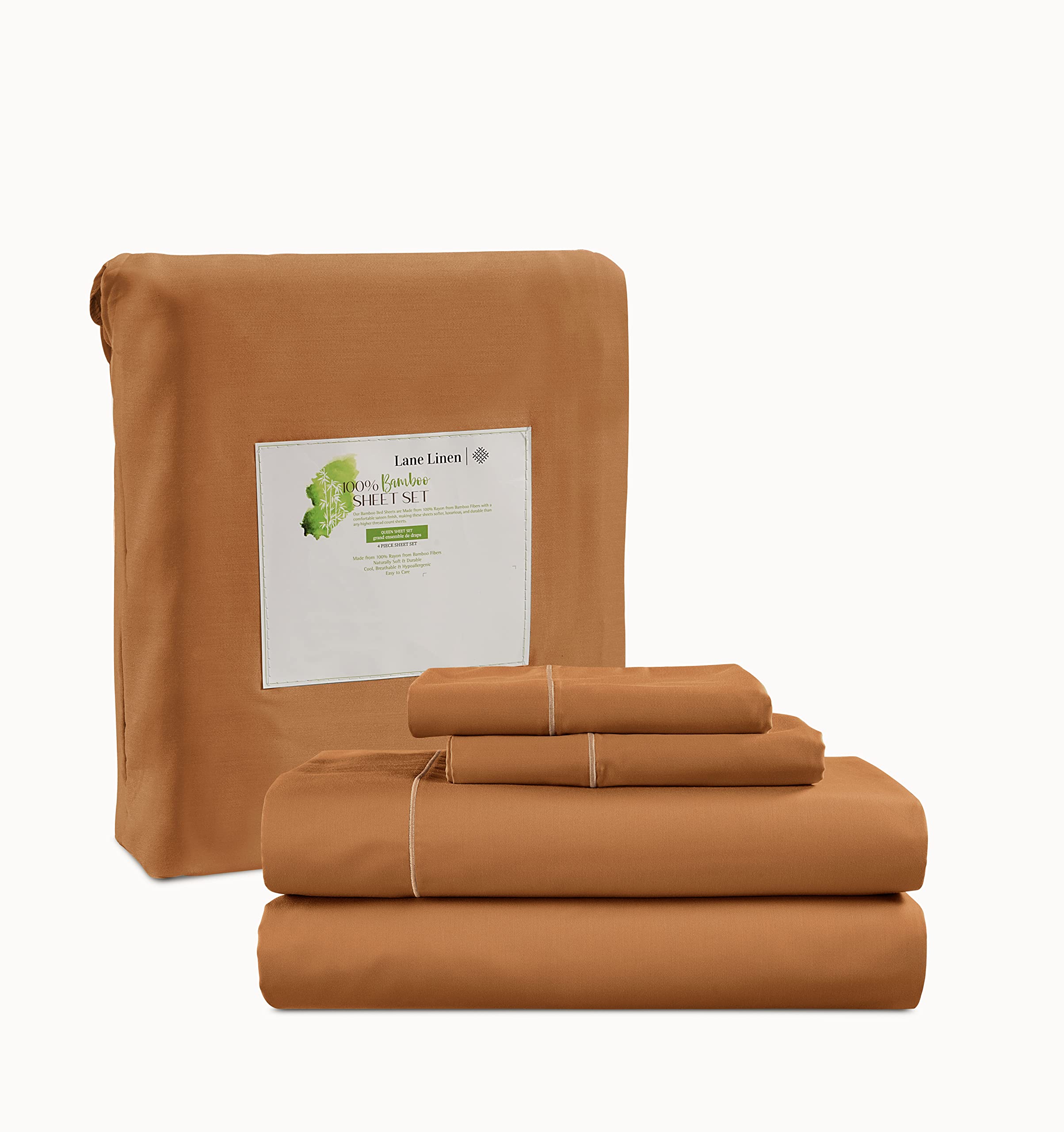 LANE LINEN Bamboo Sheets Queen - 100% Rayon from Bamboo Queen Sheets Set, 4 Pc Sheets for Queen Size Bed, Cooling Sheets, Soft & Breathable Bed Sheets Queen, Deep Pocket Queen Sheets - Pumpkin Spice