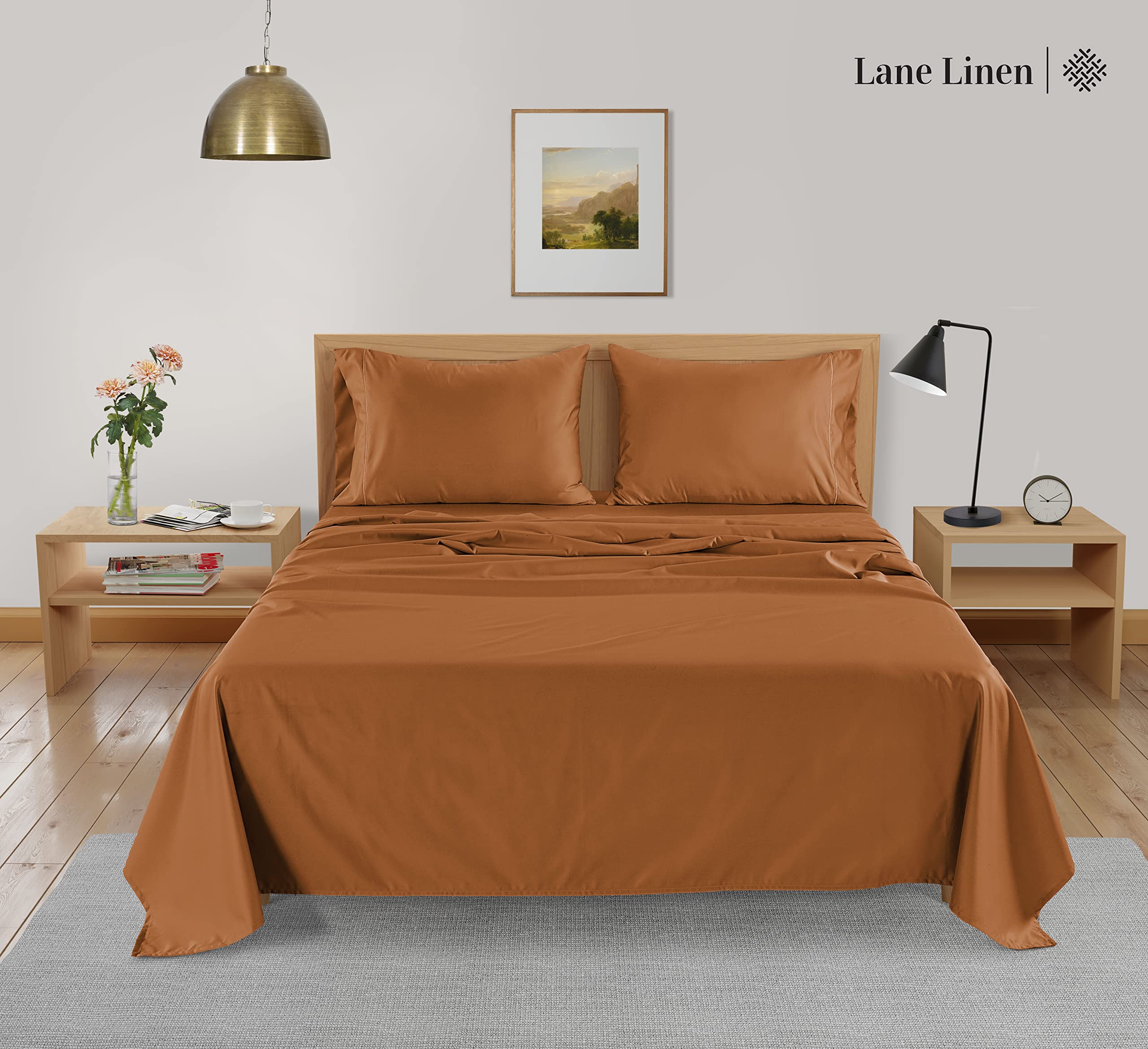 LANE LINEN Bamboo Sheets Queen - 100% Rayon from Bamboo Queen Sheets Set, 4 Pc Sheets for Queen Size Bed, Cooling Sheets, Soft & Breathable Bed Sheets Queen, Deep Pocket Queen Sheets - Pumpkin Spice