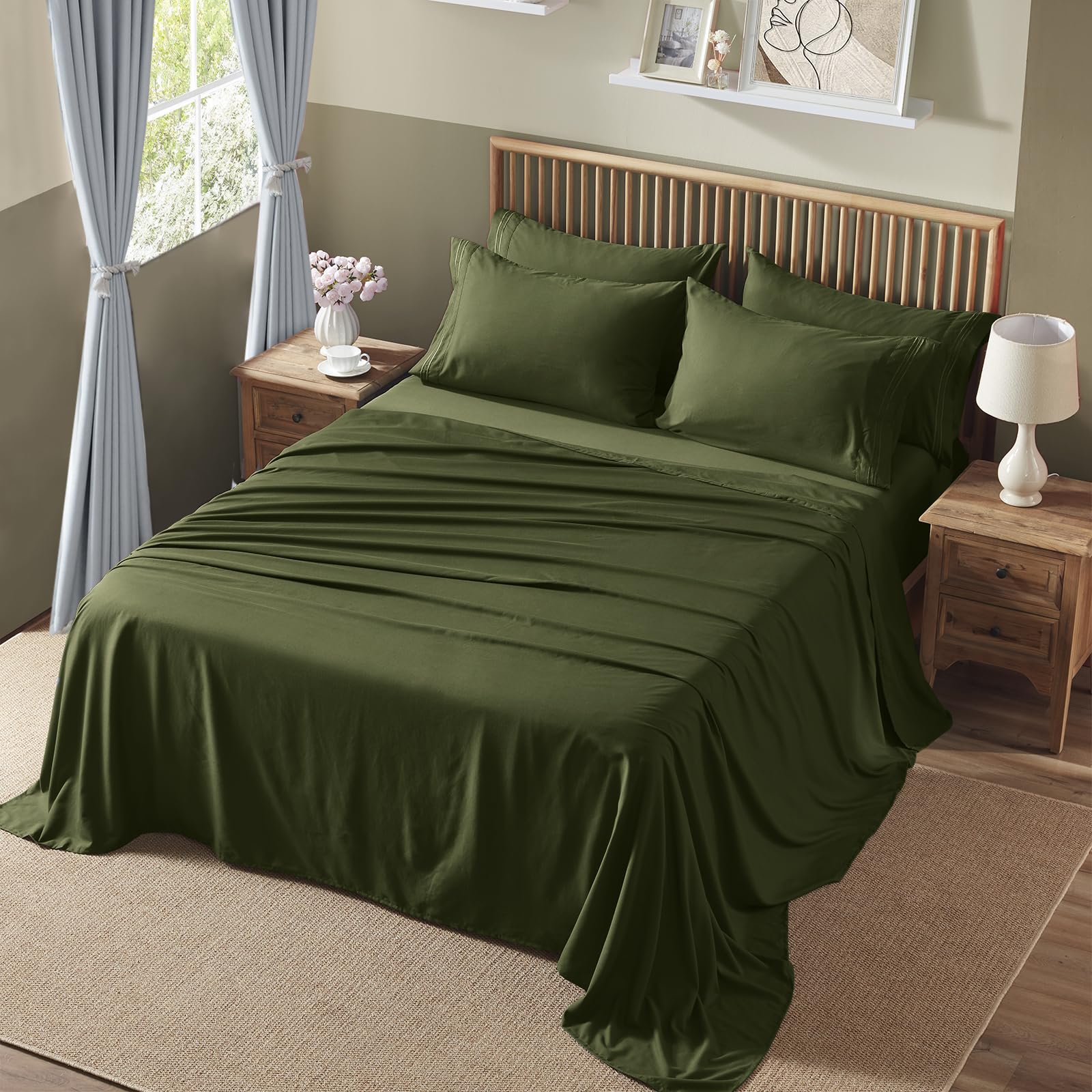 Homiest Extra Deep Pocket Cal King Size Sheets Set, 6 Pieces Soft Olive Green Sheets 18-24 Inch Deep Pocket Bed Sheets, Hotel Luxury 1800 Thread Count Microfiber Bed Set Fits Ultra Deep Mattress