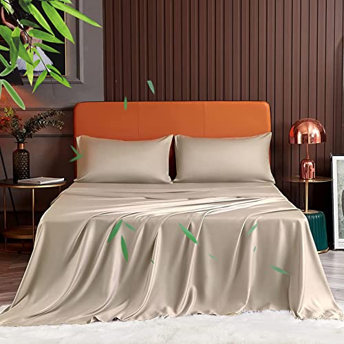 YIYEA King Size Bed Sheets, 100% Organic Viscose Derived from Bamboo, Luxury 400TC Breathable Cooling Sheets for Hot Sleepers and Night Sweats, 16" Deep Pocket Sheet Set (Beige)