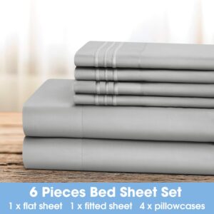 BYSURE 6 Pieces Hotel Bed Sheets Set(Queen, Light Grey), 15" Microfiber Sheet Set with Embroidered Pillowcases, Super Soft Deep Pocket Bedding