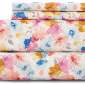 KACEMOO Queen Floral Sheet Set 4PC Yellow Flower Printed Sheets for Queen Pattern Sheets Microfiber Soft Cooling Luxurious Brushed Bed Sheets with 17”Deep Pocket, Easy Care, Breathable, Wrinkle Free