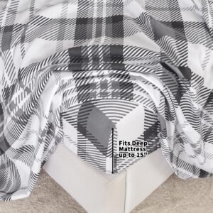 Mooreeke Queen Sheets, Queen Grey Plaid Bed Sheet Set with Deep Pocket Non-Slip Fitted Sheet, Checked Microfiber Bedding Sheets & Pillowcases