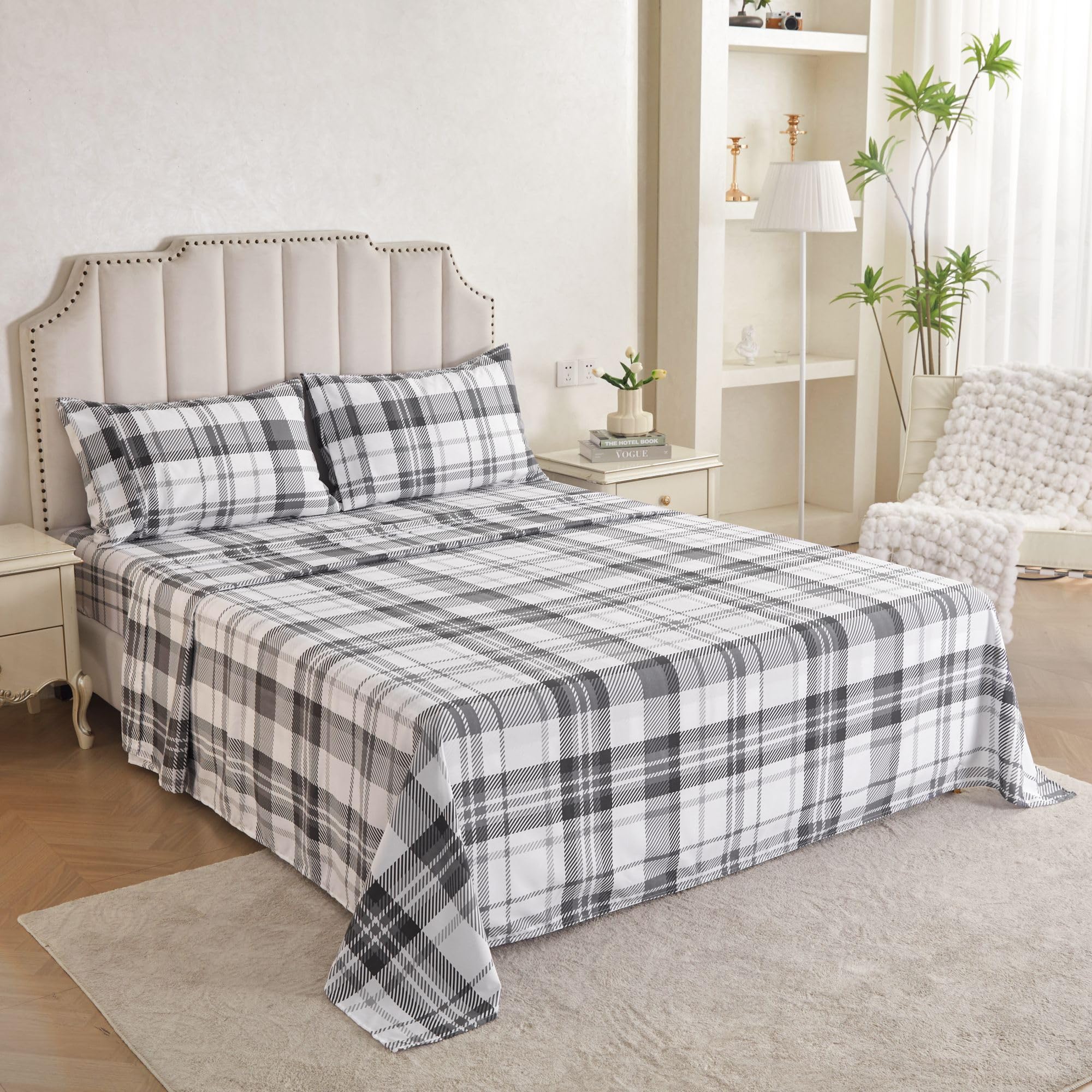 Mooreeke Queen Sheets, Queen Grey Plaid Bed Sheet Set with Deep Pocket Non-Slip Fitted Sheet, Checked Microfiber Bedding Sheets & Pillowcases