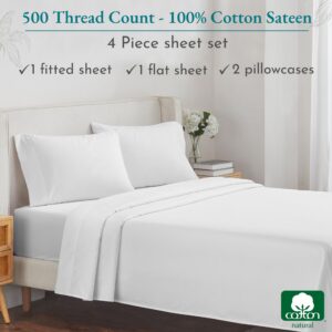 California Design Den 500 Thread Count 100% Cotton Sheets, 4 Piece Queen Size Sheet Set, Cooling Deep Pocket Bed Sheets with Fitted Elastic Sheet, Extra Soft Luxury Hotel Quality - White Sheets