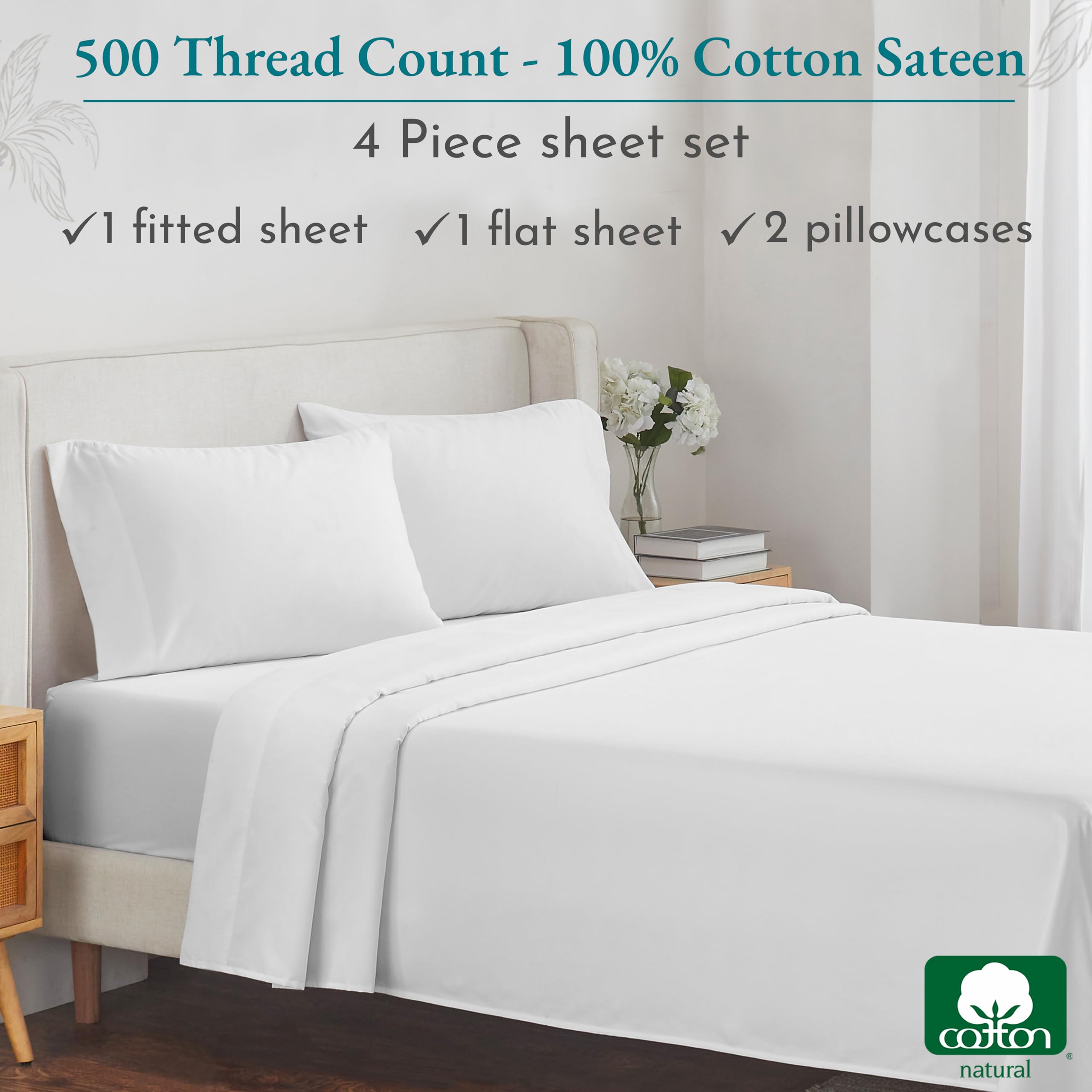 California Design Den 500 Thread Count 100% Cotton Sheets, 4 Piece Queen Size Sheet Set, Cooling Deep Pocket Bed Sheets with Fitted Elastic Sheet, Extra Soft Luxury Hotel Quality - White Sheets