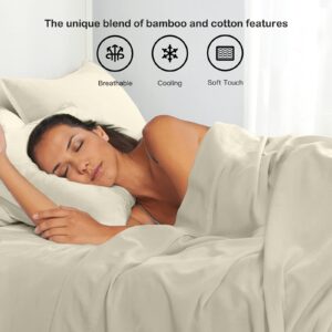 PANDATEX Beige Linen-Textured Bed Sheets Set, Bamboo Rayon, Cotton, Linen Blend Bed Sheets Queen Size, Soft Cool & Breathable for Hot Sleepers,Durable Natural Organic Bed 15'' Deep Pocket - 4 Piece