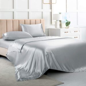 satin bed sheets queen sheet set, silver grey silk sheets, 4 - pieces soft bedding set with 1 deep pocket fitted sheet,1 flat sheet,2 pillowcase