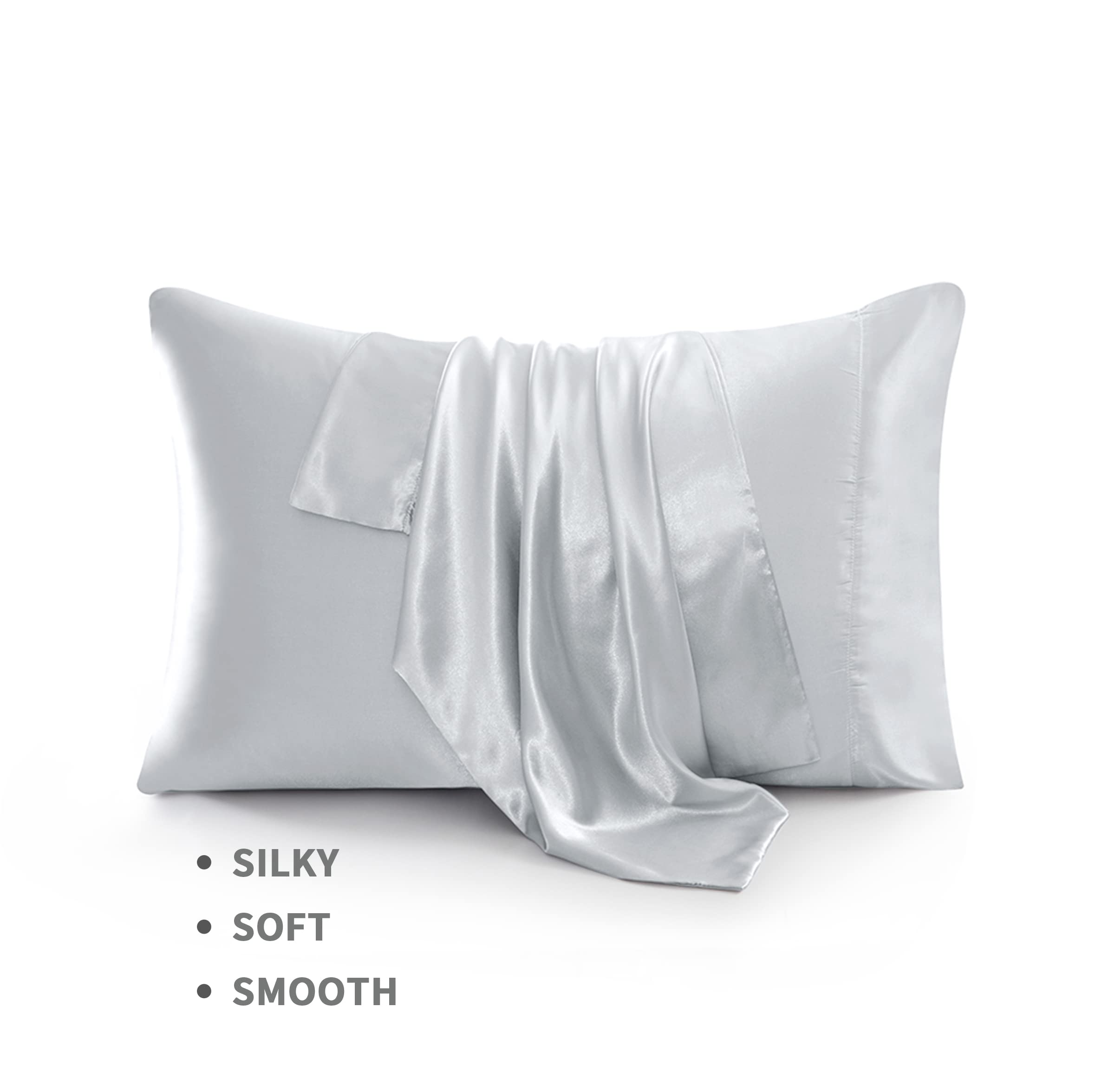 Satin Bed Sheets Queen Sheet Set, Silver Grey Silk Sheets, 4 - Pieces Soft Bedding Set with 1 Deep Pocket Fitted Sheet,1 Flat Sheet,2 Pillowcase