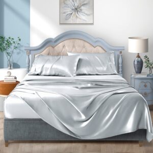 Satin Bed Sheets Queen Sheet Set, Silver Grey Silk Sheets, 4 - Pieces Soft Bedding Set with 1 Deep Pocket Fitted Sheet,1 Flat Sheet,2 Pillowcase