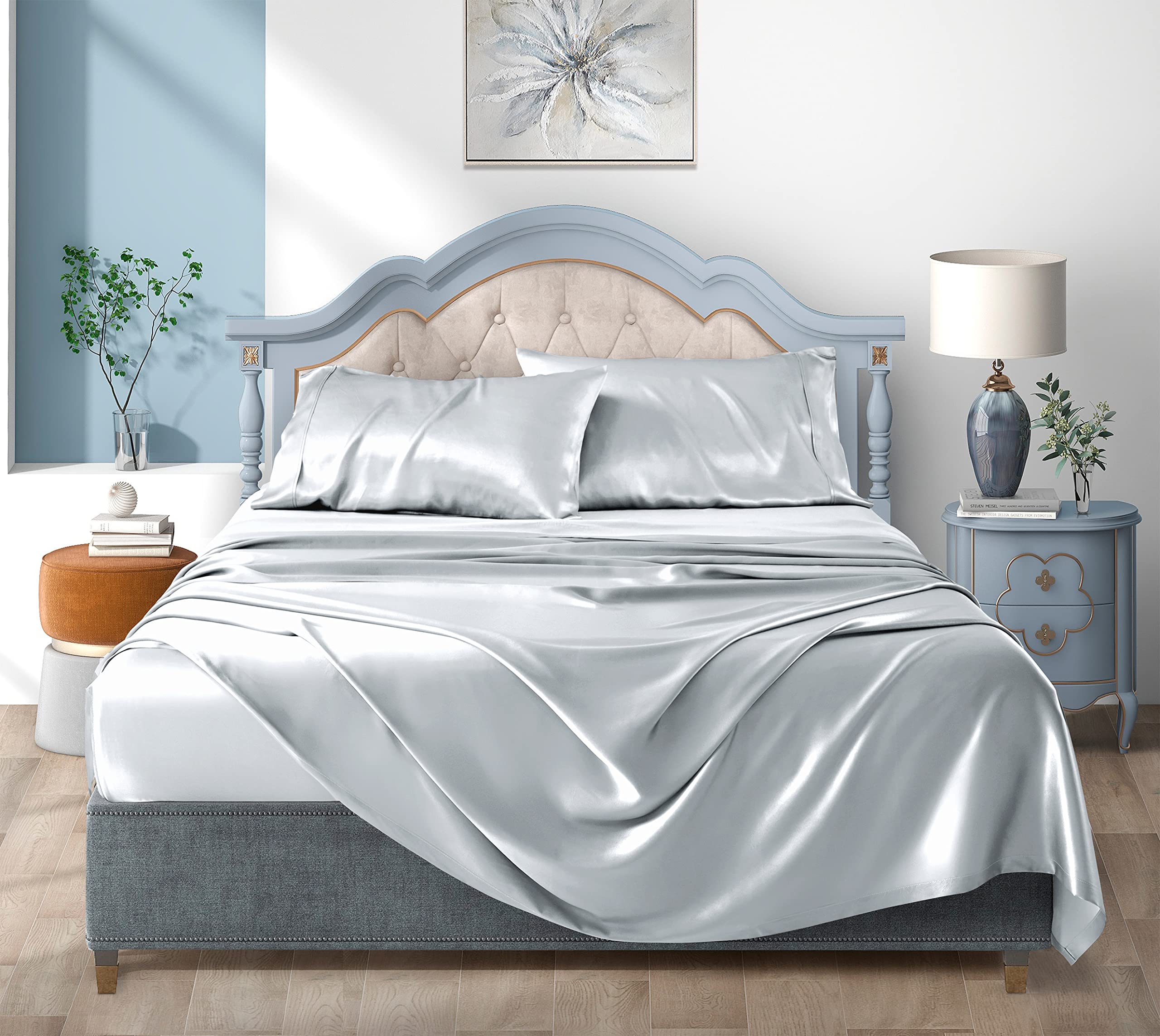 Satin Bed Sheets Queen Sheet Set, Silver Grey Silk Sheets, 4 - Pieces Soft Bedding Set with 1 Deep Pocket Fitted Sheet,1 Flat Sheet,2 Pillowcase