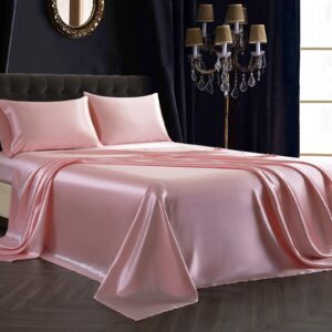 SiinvdaBZX 3Pcs Twin XL Sheets Set, Blush Pink Silky Satin Sheets Twin XL Bedding Set Ultra-Soft Extra Long Bed Sheets for College Dorm