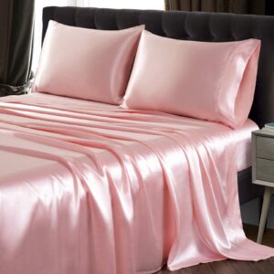 SiinvdaBZX 3Pcs Twin XL Sheets Set, Blush Pink Silky Satin Sheets Twin XL Bedding Set Ultra-Soft Extra Long Bed Sheets for College Dorm