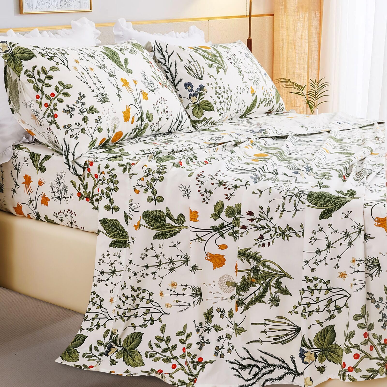 QSH 100% Cotton Sheets for Queen Size Bed, Yellow Flowers Plant Pattern Botanical Luxury Cotton Printed Floral Bedding Sheets Queen Soft and Breathable 4pcs Deep Pocket Queen Sheet Set