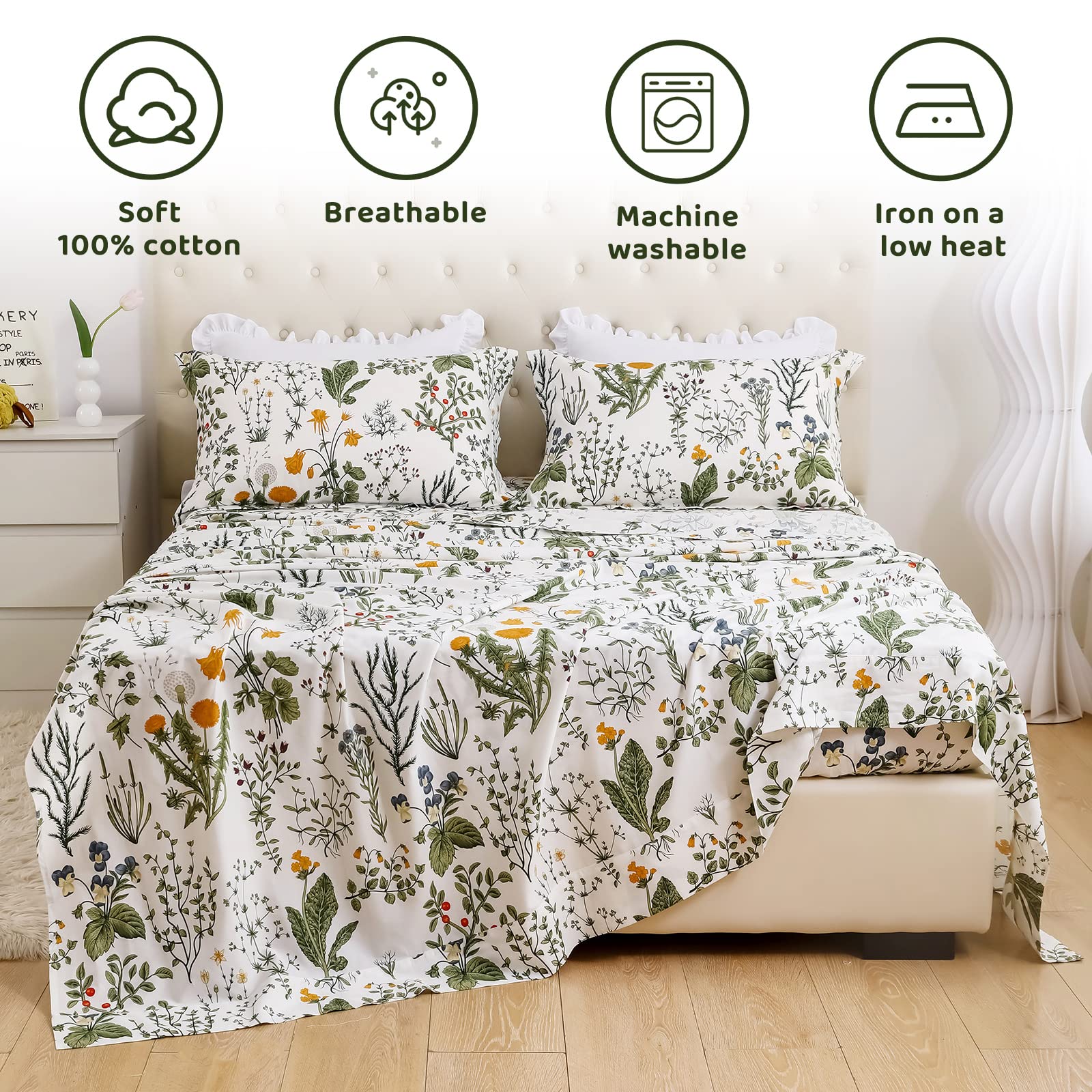 QSH 100% Cotton Sheets for Queen Size Bed, Yellow Flowers Plant Pattern Botanical Luxury Cotton Printed Floral Bedding Sheets Queen Soft and Breathable 4pcs Deep Pocket Queen Sheet Set