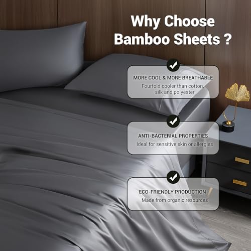 Shilucheng 4-Piece Queen Size Sheets Set，Rayon Derived from Bamboo_，Cooling & Breathable Bed Sheets, Silky Bedding Sheets & Pillowcases, 16 Inch Deep Pockets (Queen,Dark Grey)