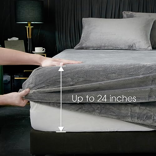 HYPREST Flannel Sheets King Size Deep Pocket, 250 GSM Micro Plush Velvet Sheets, Hotel Luxury Soft Breathable Grey King Bed Sheets Warm Fleece Sheets fits Mattress up to 24" in