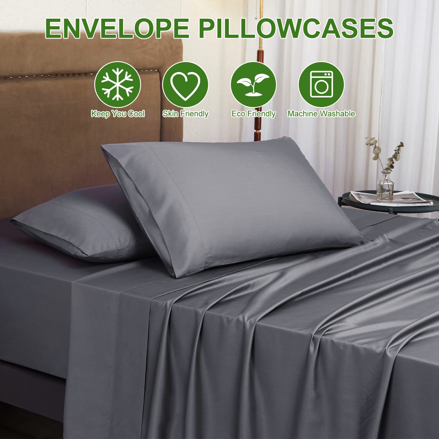 Ivellow Deep Pocket King Sheets, Rayon Derived from Bamboo, Extra Deep Pocket up to 18"-24", Hotel Luxury Cooling Sheets for King Size Bed, Silky Soft, Smooth, Breathable Bed Sheets Grey