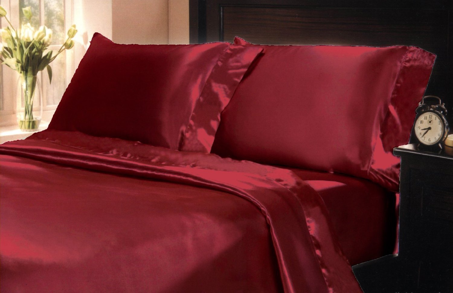 Mk Home LLC 4pc Soft Silky Satin Solid Color Deep Pocket Sheet Set (Red, Queen)