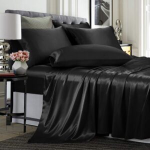 TREELY 6 Piece Satin Sheets Queen Size Silky Smooth Black Satin Sheet Set with Deep Pocket, Satin Fitted Sheet, Flat Sheet, 4 Satin Pillowcase