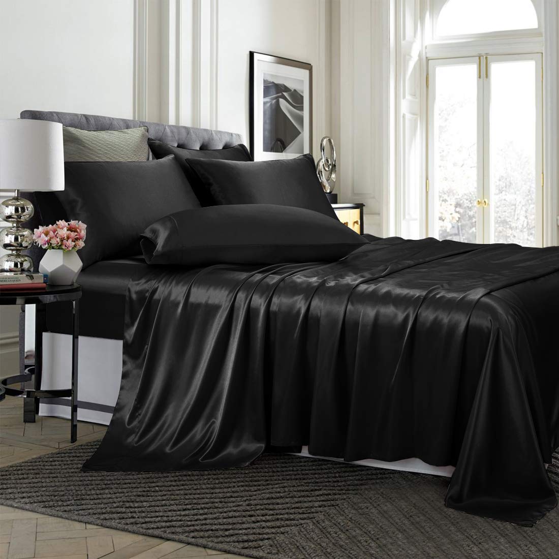 TREELY 6 Piece Satin Sheets Queen Size Silky Smooth Black Satin Sheet Set with Deep Pocket, Satin Fitted Sheet, Flat Sheet, 4 Satin Pillowcase