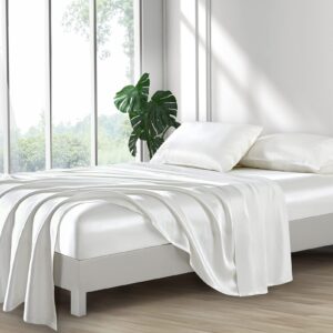 Lanest Housing Silk Satin Sheets, 4-Piece Queen Size Satin Bed Sheet Set with Deep Pockets, Cooling Soft and Hypoallergenic Satin Sheets Queen - Ivory