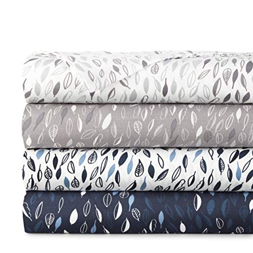 Southshore Fine Living, Inc. Botanical Leaves Collection, 4-Piece, 14-Inch Deep Pocket Sheet Set, Shrinkage Free with 1 Flat Sheet, 1 Fitted Sheet, 2 Pillowcases, White with Grey Leaves, King