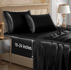 vacvelt 4pcs extra deep pocket satin sheets queen size bed set, black satin sheet set fit 18-24 inch deep pocket mattress, silky & luxury satin bedding set soft & ultra deep fitted sheet set