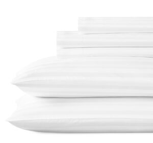 luxury split king sheets set for adjustable bed, 100% cotton 500 thread count, snug fit, 5pc set with 2 twin-xl fitted sheets, hotel quality damask stripe bedsheets (split king, stripe - pure white)