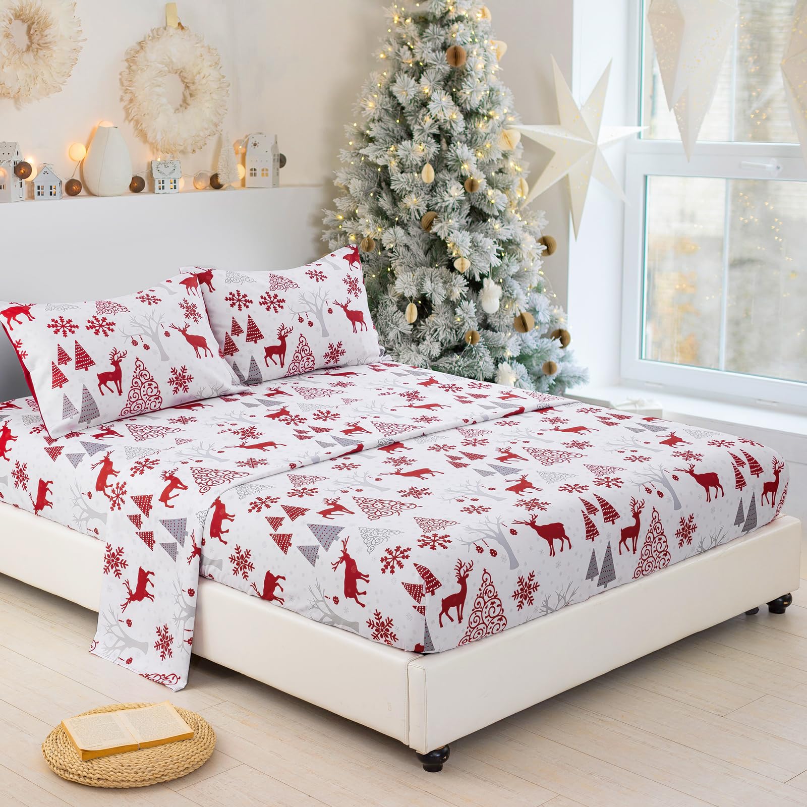 Luxudecor Christmas Sheets Set Queen Size 4 Piece Red Reindeer Fitted Sheet Deep Pocket Soft Microfiber Bedding Sheets and Pillowcase Set for All Seasons