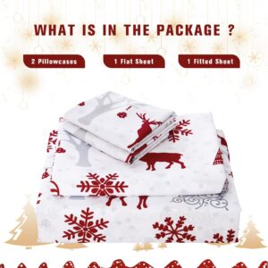 Luxudecor Christmas Sheets Set Queen Size 4 Piece Red Reindeer Fitted Sheet Deep Pocket Soft Microfiber Bedding Sheets and Pillowcase Set for All Seasons