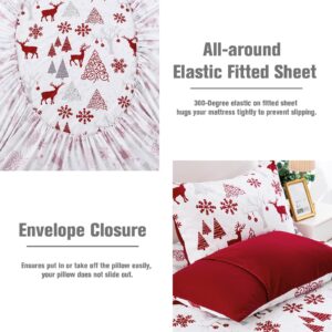 Luxudecor Christmas Sheets Set Queen Size 4 Piece Red Reindeer Fitted Sheet Deep Pocket Soft Microfiber Bedding Sheets and Pillowcase Set for All Seasons