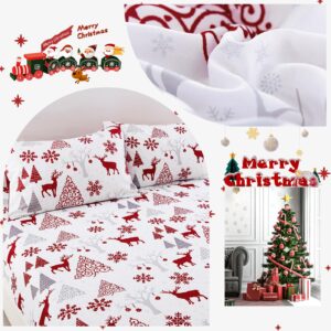 Luxudecor Christmas Sheets Set Queen Size 4 Piece Red Reindeer Fitted Sheet Deep Pocket Soft Microfiber Bedding Sheets and Pillowcase Set for All Seasons