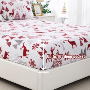 Luxudecor Christmas Sheets Set Queen Size 4 Piece Red Reindeer Fitted Sheet Deep Pocket Soft Microfiber Bedding Sheets and Pillowcase Set for All Seasons