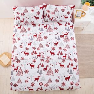 Luxudecor Christmas Sheets Set Queen Size 4 Piece Red Reindeer Fitted Sheet Deep Pocket Soft Microfiber Bedding Sheets and Pillowcase Set for All Seasons