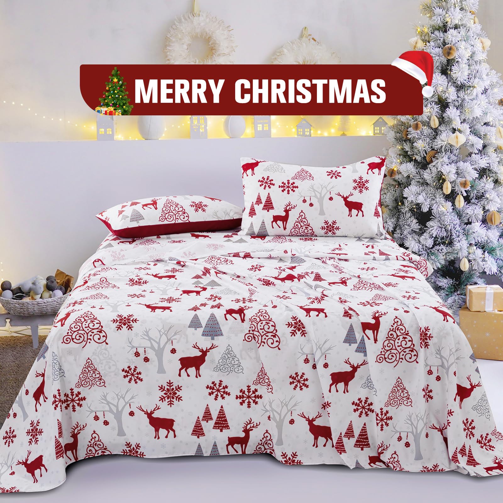 Luxudecor Christmas Sheets Set Queen Size 4 Piece Red Reindeer Fitted Sheet Deep Pocket Soft Microfiber Bedding Sheets and Pillowcase Set for All Seasons