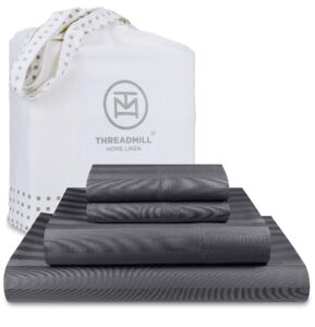 threadmill 500 thread count full-size damask stripe, 4 pc luxury cotton bedding set, silky smooth dark grey sheets with 16" elasticized deep pocket, 2 pillowcases & free tote bag