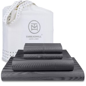 Threadmill 500 Thread Count Full-Size Damask Stripe, 4 Pc Luxury Cotton Bedding Set, Silky Smooth Dark Grey Sheets with 16" Elasticized Deep Pocket, 2 Pillowcases & Free Tote Bag