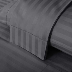 Threadmill 500 Thread Count Full-Size Damask Stripe, 4 Pc Luxury Cotton Bedding Set, Silky Smooth Dark Grey Sheets with 16" Elasticized Deep Pocket, 2 Pillowcases & Free Tote Bag