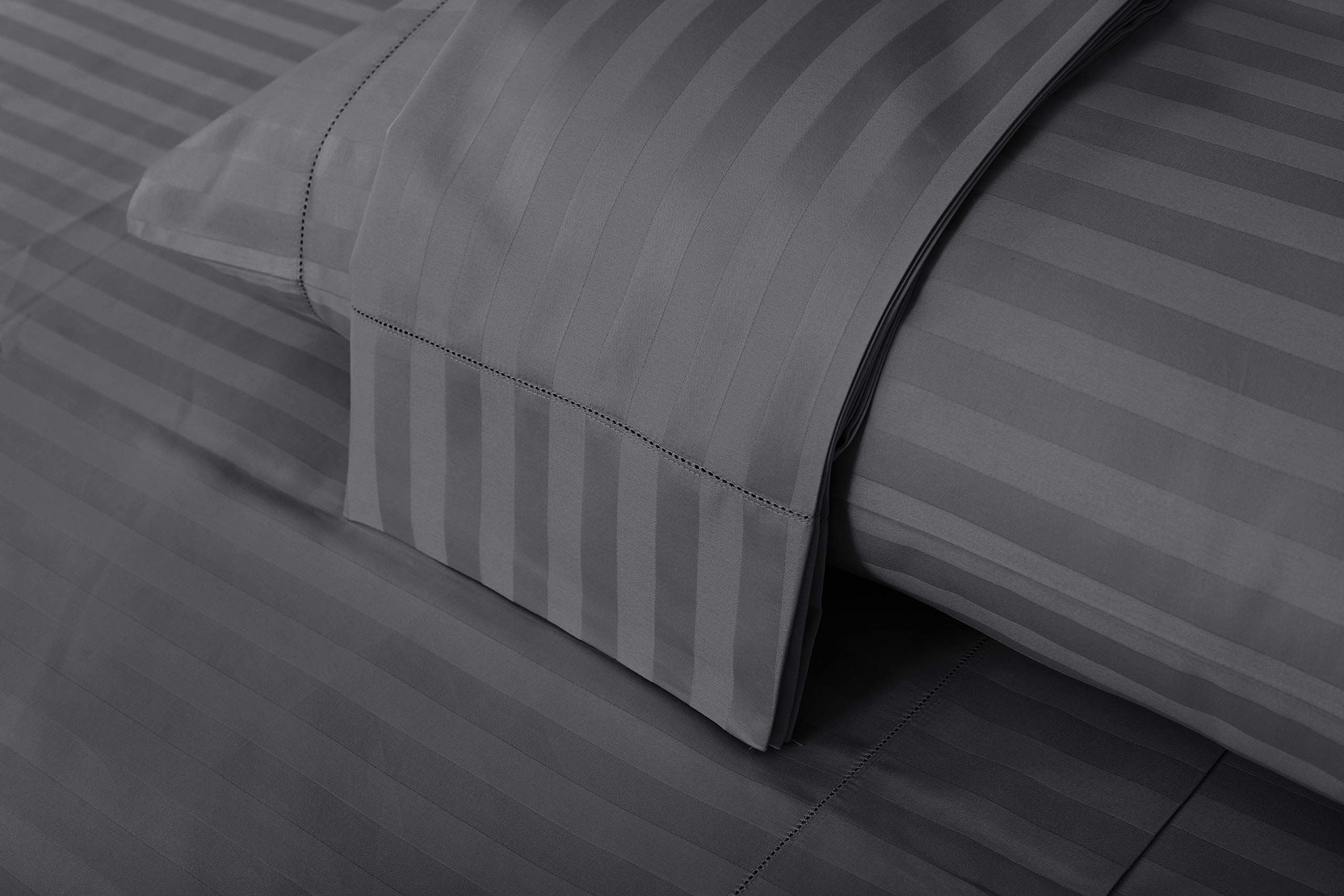 Threadmill 500 Thread Count Full-Size Damask Stripe, 4 Pc Luxury Cotton Bedding Set, Silky Smooth Dark Grey Sheets with 16" Elasticized Deep Pocket, 2 Pillowcases & Free Tote Bag