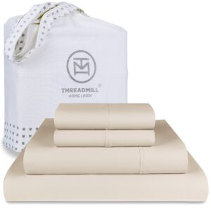 Threadmill Cotton Full Size Sheet Set| 100% Cotton Sheets for Full Size Bed | Solid Sateen Full Bed Sheets Set with 16” Elasticized Deep Pocket | Soft Breathable 4-Piece Cooling Sheet Set | Beige