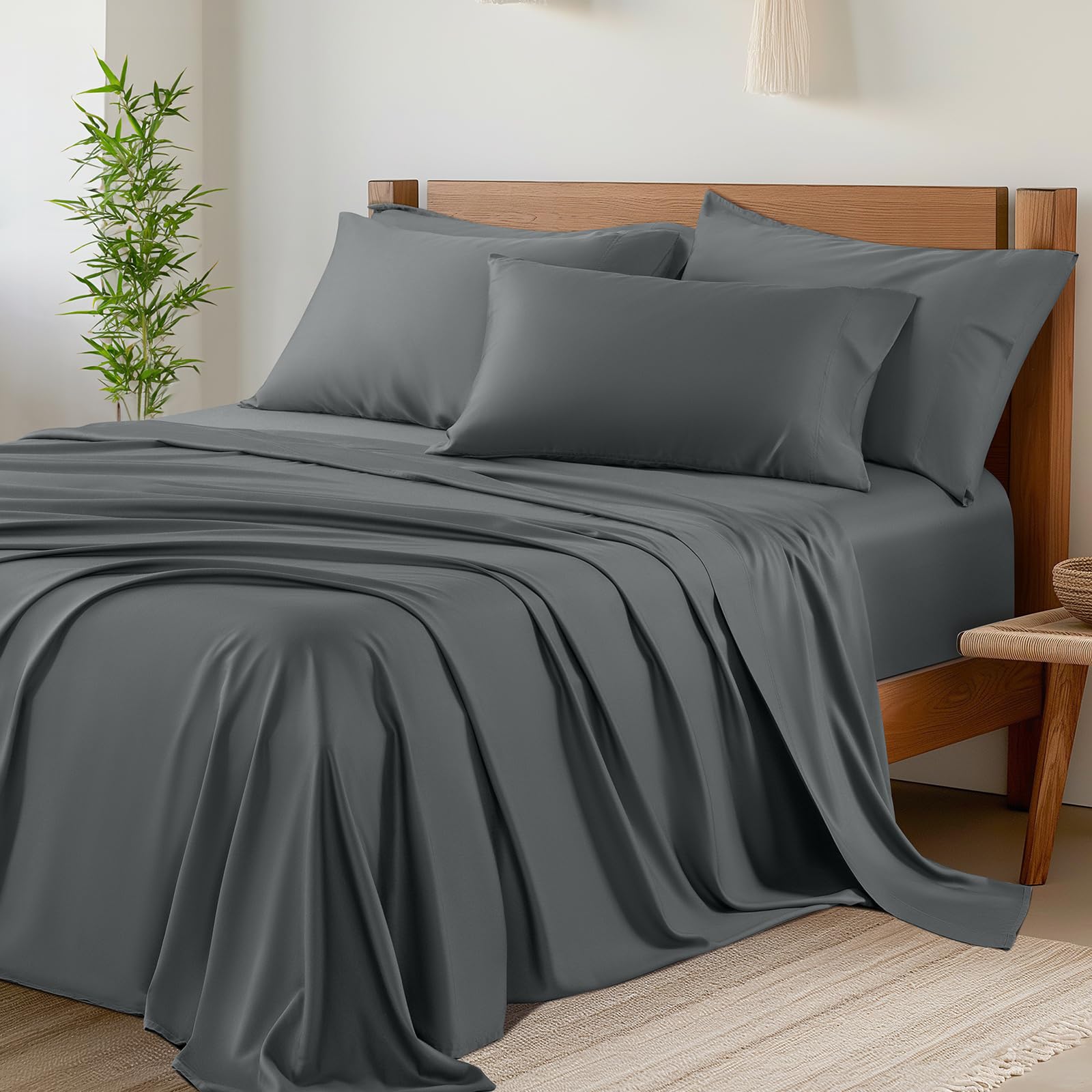 Shilucheng 6-Piece Sheets Set，Rayon Derived from Bamboo_ Sheets, Cooling & Breathable Bed Sheets, Silky Bedding Sheets & Pillowcases, 16 Inch Deep Pockets(Queen,Dark Grey)