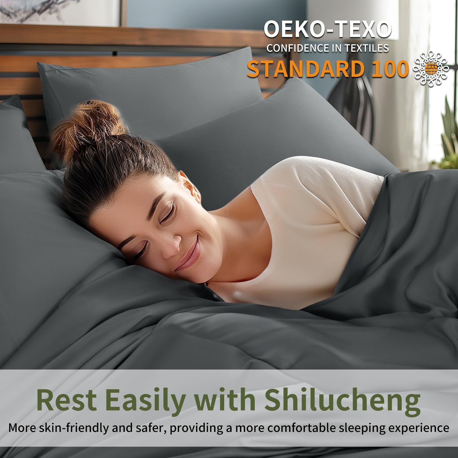 Shilucheng 6-Piece Sheets Set，Rayon Derived from Bamboo_ Sheets, Cooling & Breathable Bed Sheets, Silky Bedding Sheets & Pillowcases, 16 Inch Deep Pockets(Queen,Dark Grey)