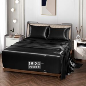 Vonty Satin Sheets Extra Deep Pocket King Size Sheets - Cooling & Silky Satin King Sheets Set with 18-24 Inch Deep Pocket, Black Satin Bed Sheets Fit Up to 24" Deep Matress - 4 Piece