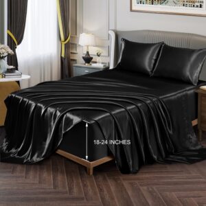 Vonty Satin Sheets Extra Deep Pocket King Size Sheets - Cooling & Silky Satin King Sheets Set with 18-24 Inch Deep Pocket, Black Satin Bed Sheets Fit Up to 24" Deep Matress - 4 Piece